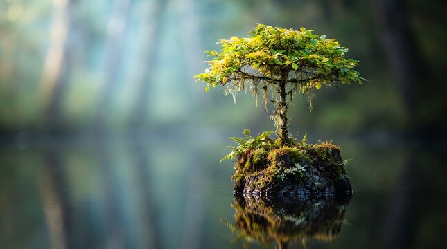 A tiny bonsai-like tree grows on a small mossy log emerging from calm, reflective water in a peaceful forest.