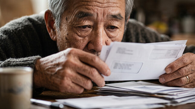 Serious elderly man reading utility bills at a desk in a dark moody