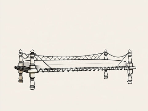 Hand drawn vector illustration of a suspension bridge, black and white line art sketch showing steel cables, towers and road deck, minimalist engineering and architecture concept for construction, inf