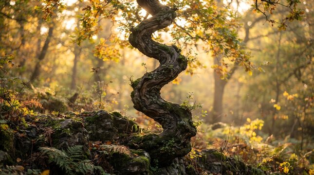 A uniquely twisted, gnarled tree trunk curves through a sunlit forest bathed in warm golden autumn light.