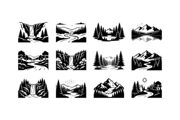Fototapeta premium Set of black and white landscape illustrations featuring mountains, forests, rivers, and waterfalls in a minimalist vector style