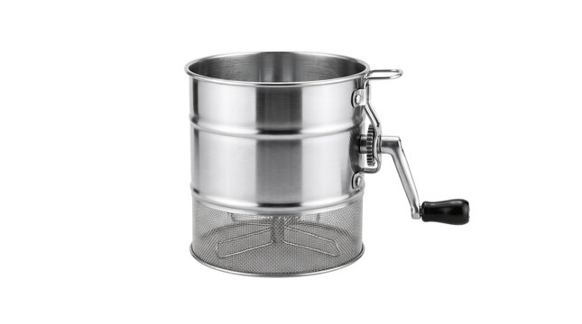 Stainless steel flour sifter with rotary hand crank, metallic baking sifter tool for flour and powdered sugar, durable kitchen sifter for home baking isolated PNG with Transparent Background
