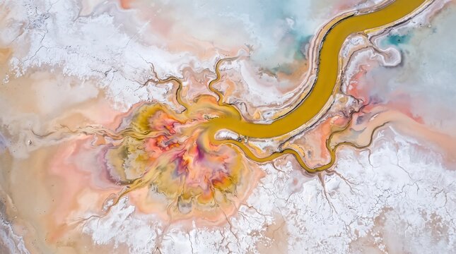 Aerial view of vibrant mineral-rich salt flat patterns with colorful yellow streams flowing across cracked earth.