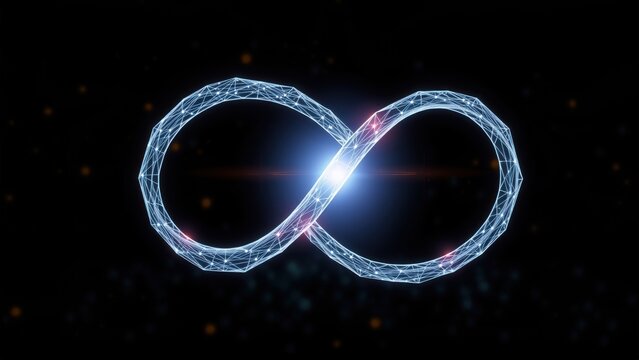 Bright infinity symbol constructed from glowing lines, points. Dark background suggests limitless space, energy. Futuristic design.