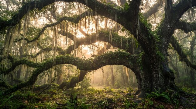 Sunlight filters through the moss-draped branches of a massive ancient live oak tree in a misty southern forest.