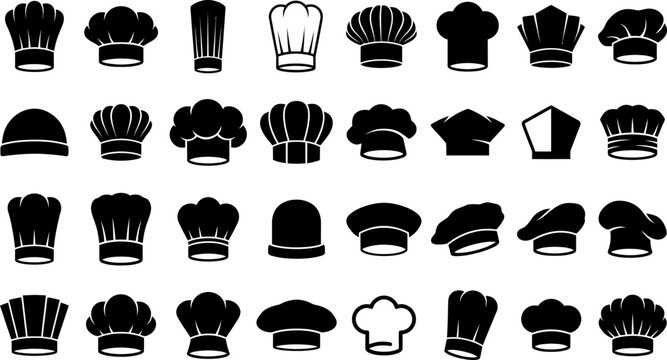 Chef hat icons set, baker toques, kitchen cook caps, culinary headwear, food service black logo silhouettes