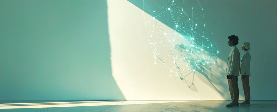 Business people standing facing each other in modern office space next to glowing digital data network structure. Useful for corporate technology campaigns, innovation and digital transformation brand