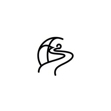 Minimalist black line art logo featuring a winding path leading to a circular point with stylized curved shapes resembling a mountain or crest on a plain white background.