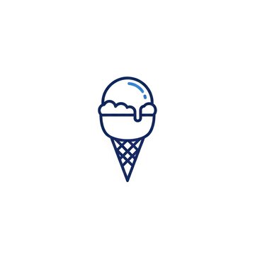 Minimalist blue line art icon representing a single scoop of melting ice cream served in a crosshatched waffle cone, isolated on a plain white background for logo or app design.