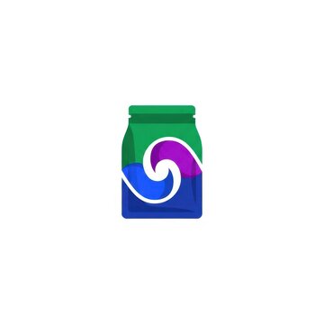 Minimalist graphic icon of green and blue flexible pouch packaging featuring a stylized white spiral swirl element centered on a white background for brand identity.