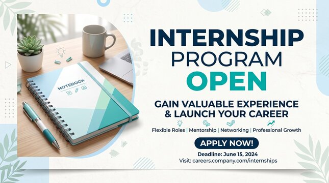 Internship program recruitment banner with notebook and office supplies