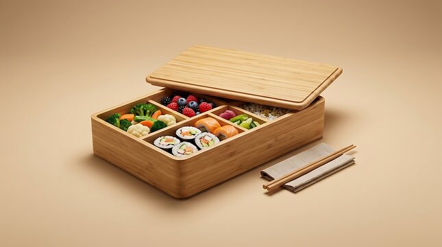 Fresh japanese bento box with sushi rolls and vegetables in a wooden container for a healthy lunch meal. reusable bamboo bento