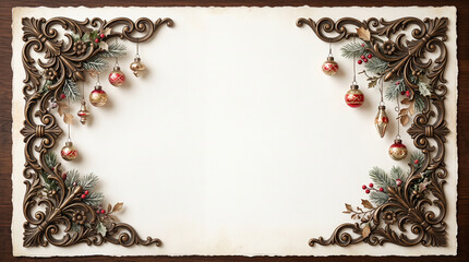 Fototapeta premium Ornate vintage Christmas border with hanging ornaments and copy space