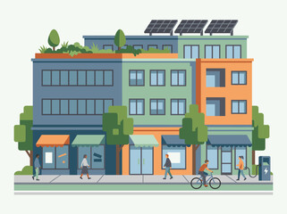 Obraz premium Sustainable Urban Building Illustration with Solar Panels, Green Roof, and People Commuting in a Modern Eco-Friendly City