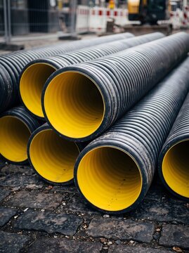 Black corrugated plastic drainage pipes with yellow inner lining pile.