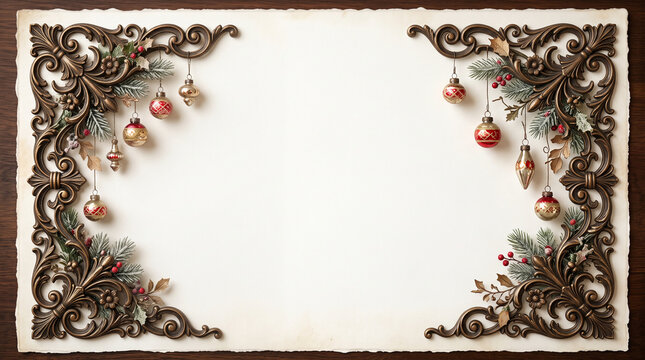 Ornate vintage Christmas border with hanging ornaments and copy space