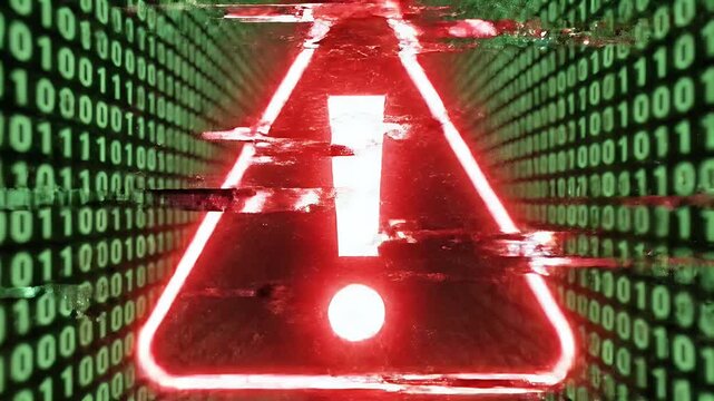 Red warning triangle with exclamation mark on binary code background