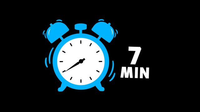 7 min timer animation on transparent background with alpha channel. Timer, clock, alarm clock icon with 7 minute timer animation video. 7 minutes clock. 4k video