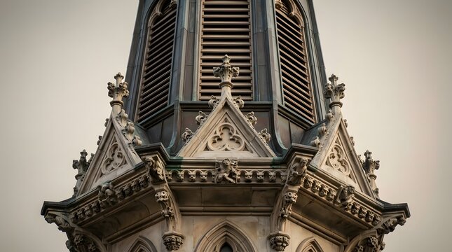 Ornate Gothic Architecture Details of a Historic Church Tower Spire.