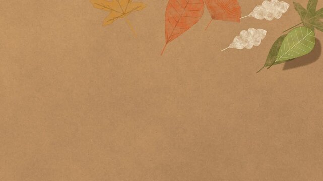 Painted autumn leaves stamped one by one on kraft paper, forming a frame of maple, oak and ginkgo leaf prints with empty copy space, seamless loop