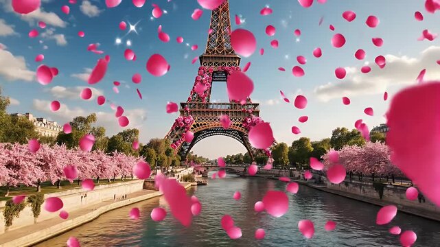 A Parisian riverside scene featuring the Eiffel Tower framed by pink cherry blossoms