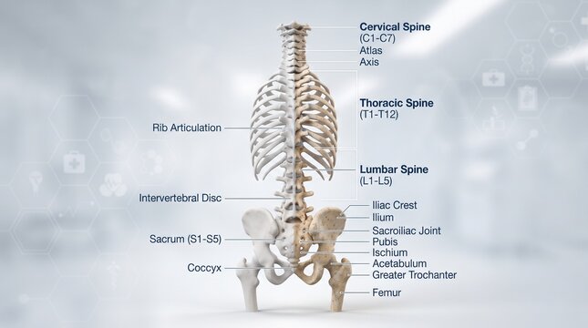 Human vertebral column anatomy diagram with labels, spine structure and medical education concept
