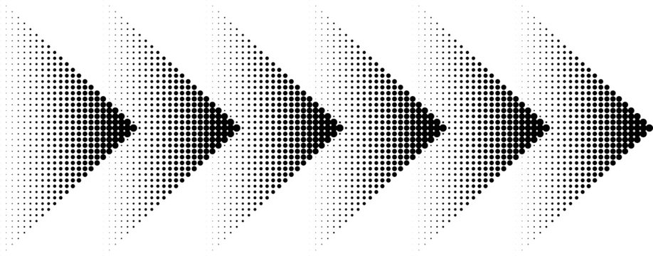 Halftone arrow dots, fading dots directed to the right, dot transition in arrow form, growing intensity effect - vector