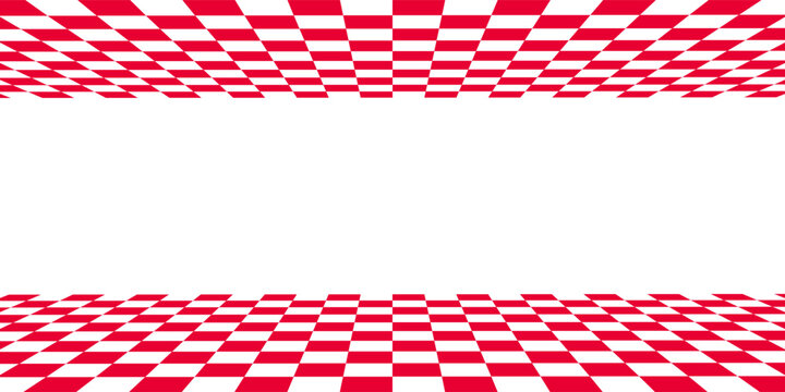 Red perspective checkerboard background, square grid checkered landscape texture, isometric room floor and ceiling - vector