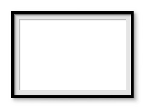 Picture photo frame mockup, black thin rectangular vertical frame with shadow, vertical blank frame border mockup - vector