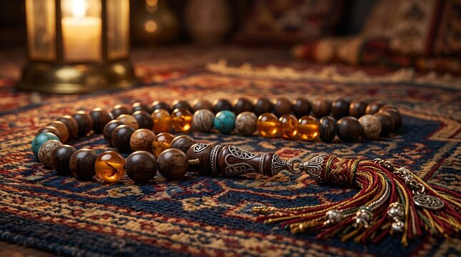 Close Up of Islamic Prayer Beads Misbaha with Amber and Wooden Beads on Rug