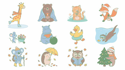 Fototapeta premium Set of cute animals with seasonal activities including winter spring summer and autumn themes vector