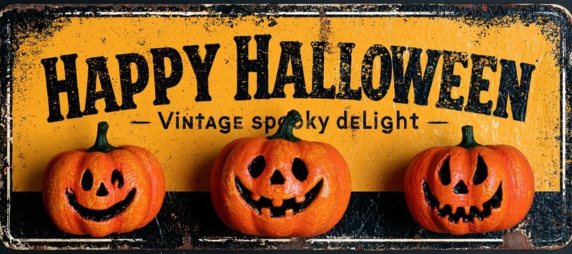 Retro Halloween banner with distressed texture and jack - o' - lantern pumpkins