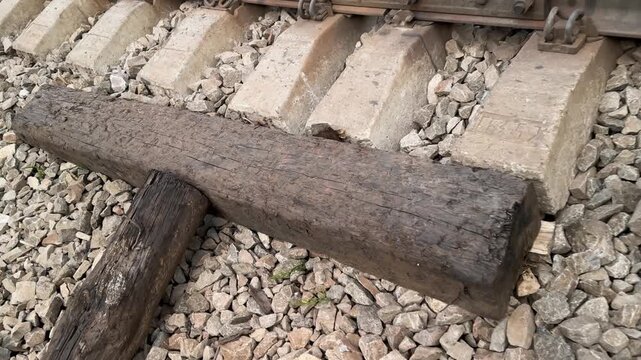 Cracked concrete railway sleepers on Ukrainian Carpathian tracks, empty scene without workers, symbol of fragile infrastructure, decay and silence in industrial landscape