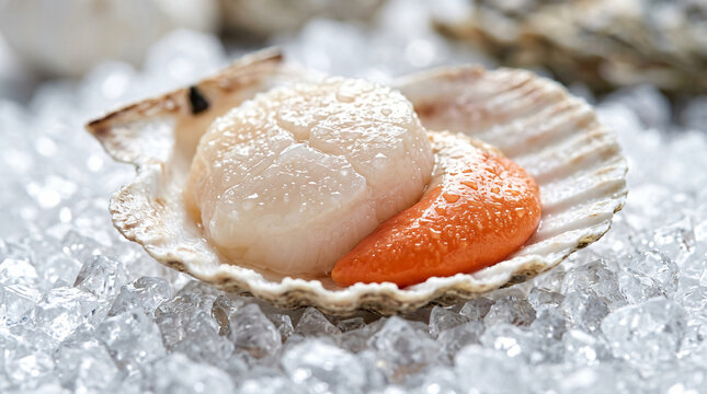 Fresh raw scallop with roe served on a bed of crushed ice.