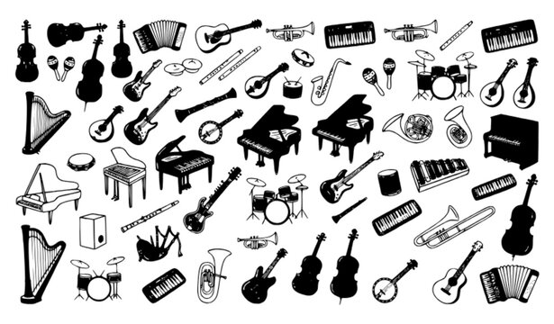 Musical Instrument Outline Doodle Collection Orchestra Band Vector Art