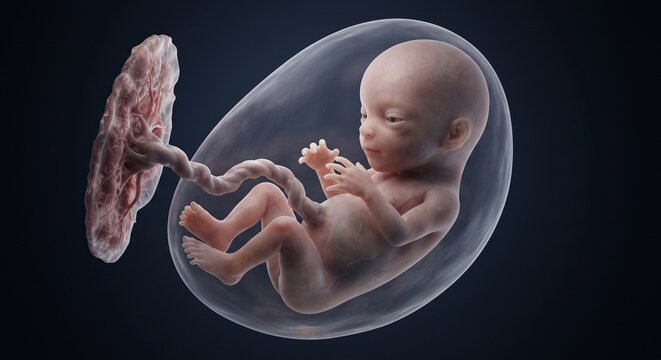 Human fetus inside amniotic sac connected to placenta by umbilical cord, embryonic development and pregnancy concept
