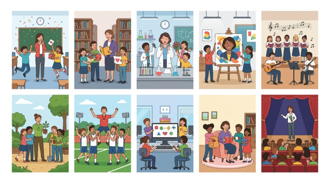 Flat school scenes vector illustrations set, elementary education banner cards set, teacher and students learning activities vector bundle
