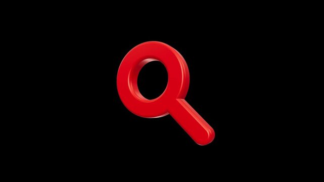 Glossy red 3D magnifying glass search icon on black