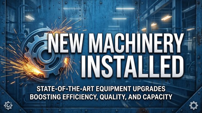 Industrial machinery installation banner with metal gear and sparks