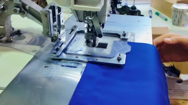 Close view of industrial sewing station with bright blue fabric aligned under machine head, hand steadying material beside clear fixture on metal worktable for focused production.