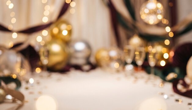 A festive table setting with sparkling lights, colorful balloons, and elegant glassware suitable for celebrations, parties, or special occasions.