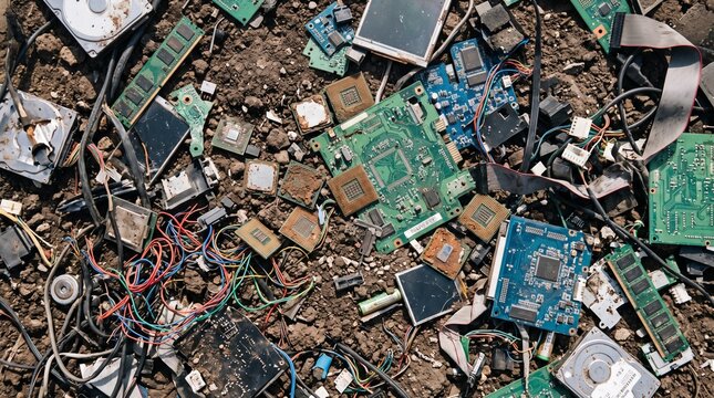 High-angle view of electronic waste including circuit boards, microchips, motherboards, and wires discarded at an e-waste dump site, illustrating environmental pollution and recycling challenges.