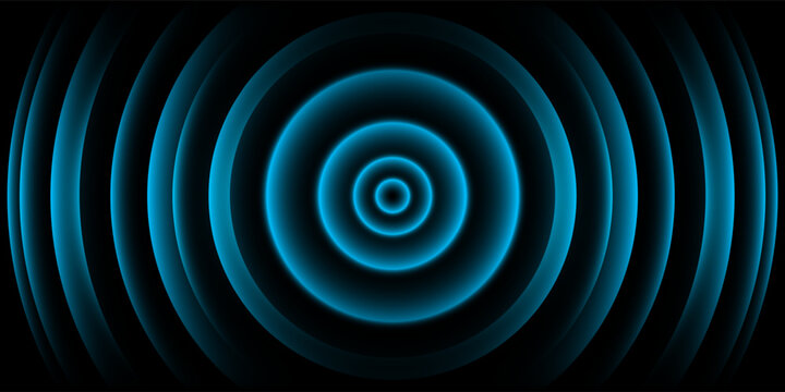 Concentric circular pulse circle wave light effect, 3d radar blue neon waves are spreading, motion visuals innovation, glowing technology circular vortex in dark space - stock vector