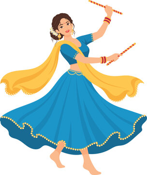 Indian Women Performing Dandiya Garba Dance In Navratri Festival Celebration Wearing Lehenga