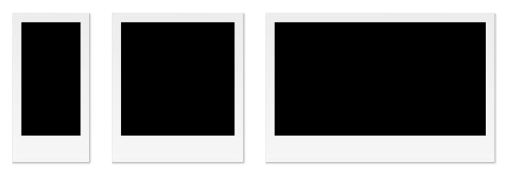Empty photo frame mockups set, black old photo frame, blank polaroid photo template with shadows on transparent background