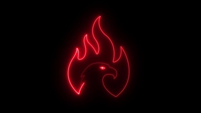 glowing neon American eagle, fire icon frame. animation with eagle in fire and glow light effects. symbolic of danger and resilience. 4k motion video..