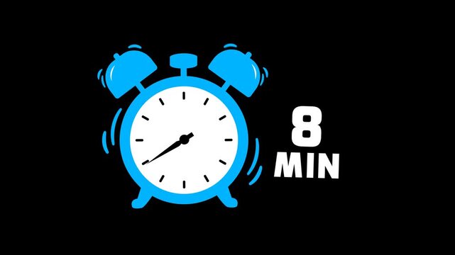 8 min timer animation on transparent background with alpha channel. Timer, clock, alarm clock icon with 8 minute timer animation video. 8 minutes clock. 4k video