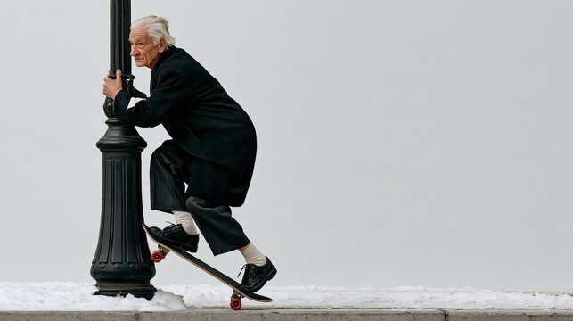 Funny senior man trying to learn skateboarding on a snowy sidewalk, wobbling while holding a lamppost, humorous winter photo with copy space