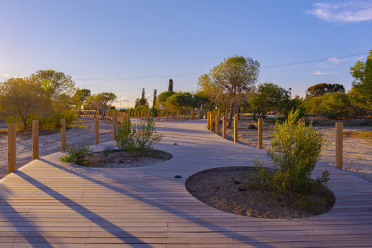 New walking paths in Pattichio Park, Larnaca, Cyprus at sunset