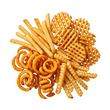 Assorted crispy fries combo curly and waffle isolated on transparent background
